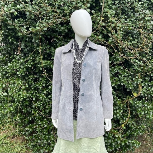Outbrook Gray Long Genuine Suede Leather Button Down Coat - Picture 1 of 11